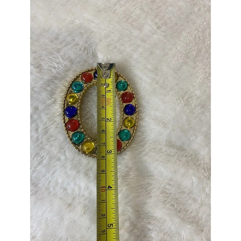 VTG 80s, 90s Plastic Gold Tone Oval Belt Buckle with Multi-Color Faux Gemstones
